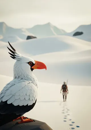 A stylized white bird with black-tipped wings and a vibrant red-orange beak perched on a rock in a snowy landscape, with a lone human figure walking away in the blurred background.