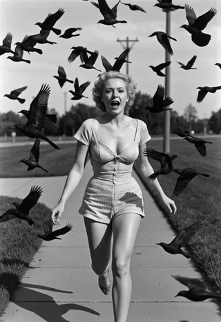 Black and white photo of a woman running on a sidewalk with birds flying around her
