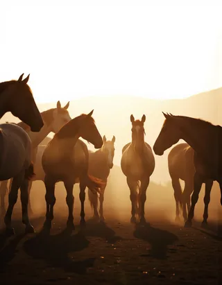 Silhouetted group of horses standing against a warm golden light with a hazy dusty landscape and rolling hills in the background.