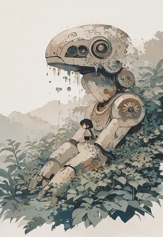 A detailed vintage-style illustration of an ancient Mayan robot seated in a lush jungle with intricate glyphs and a small chibi figure standing on its hand.