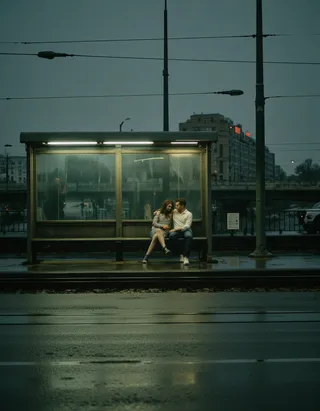 A couple sitting closely together at a glass and metal bus stop at night illuminated by streetlights, with a wet ground and a cityscape background.