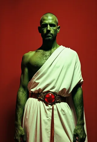 A green-skinned man with a stern expression wearing a white toga adorned with a large red jewel belt against a vivid red background with dramatic lighting.