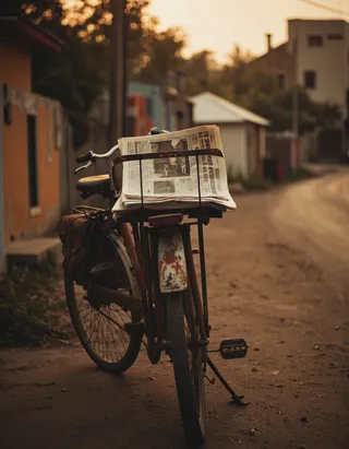 A vintage bicycle with a rusted frame and a newspaper basket on the back is parked on a dirt road at sunset. Warm, golden sepia tones highlight the scene with blurred buildings and trees in the background.
