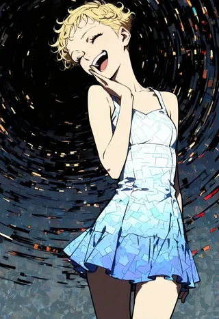 A slender, petite blonde woman with very short curly hair wearing a light blue sleeveless mini dress, laughing coyly while looking over her shoulder against a dark abstract watercolor background.