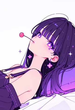 Digital illustration of an anime girl with glossy purple hair lying on a white bed surface, holding a single cherry in her mouth, with sparkling eyes and subtle glowing decorations.