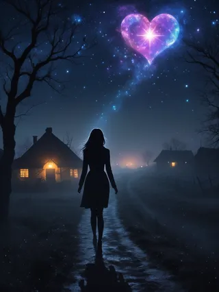 Silhouette of a glowing woman walking on a path through a foggy dark village at night, with a bright bioluminescent heart-shaped supernova star shining in the starry sky above.