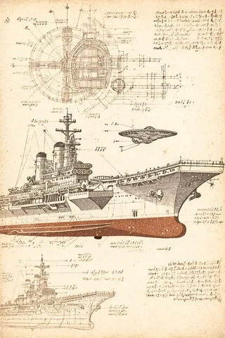 Blueprint of an aircraft carrier with Qing dynasty manuscript style and a small spaceship, rendered in a vintage etching technique with detailed mechanical drawings.
