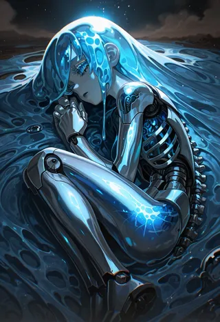 A mecha musume girl with metallic blue skin and long liquid-like hair, lying curled in fetal position with exposed mechanical parts and glowing blue highlights.