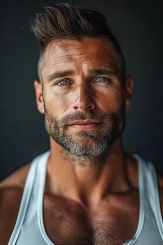 Close-up photo of a handsome fit Nordic man with a mohawk hairstyle, blue eyes, beard, and hairy chest wearing a white tank top.
