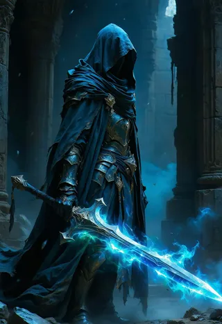 A hooded dark warrior clad in intricate armor and a tattered cloak, wielding a glowing blue ethereal sword in a ruined stone setting.