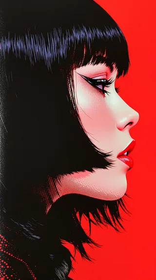 Close-up profile of a young Japanese cyberpunk woman with porcelain skin, crimson lips, dark eyeshadow, and a black bob hairstyle in a bold pop-art style with halftone textures on a red background.