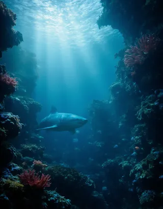 A great white shark swimming gracefully through a vibrant, fluorescent coral reef illuminated by cinematic turquoise and blue lighting underwater.