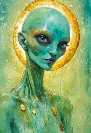 Close-up portrait of an ethereal alien with teal-colored skin illuminated from within, adorned with gold pendants, set against an oxidization and bokeh fog background.