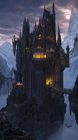 A colossal Gothic castle with jagged spires and warm glowing windows perched precariously on a sheer cliff surrounded by a mist-filled ravine and looming snow-capped mountains under a stormy purple-black sky.