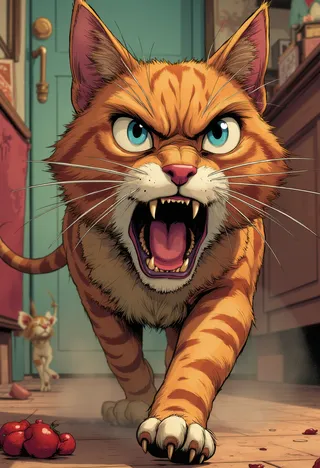 Stylized orange tabby cat with large blue eyes fiercely running indoors, showing sharp teeth and claws, against a blurred modern home background with warm lighting.