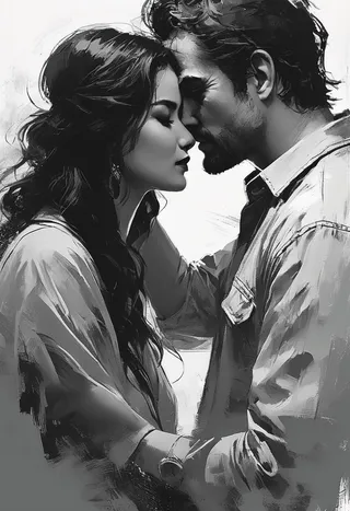 Black and white sketch of a romantic couple in an intimate pose, featuring fine lines and shading that highlight their facial features and emotions.