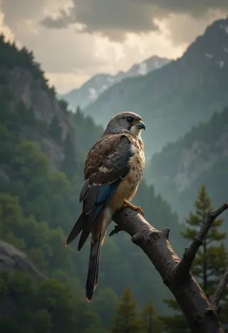A detailed kestrel perched on a branch with an overcast sky and misty mountain rainforest background enhanced with god rays and chiaroscuro lighting.