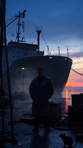 A broad-shouldered man stands silhouetted in a foggy, decaying shipyard at twilight, with a large cargo ship and rusted pier structures around him.