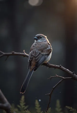 Realistic grey shrike perched on a branch with glowing iridescent feathers under low-key lighting and chiaroscuro effects