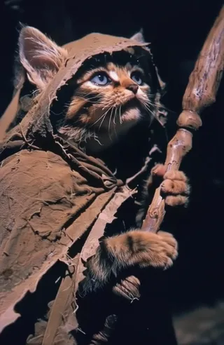 A small young tabby cat with large blue eyes wearing a tattered brown medieval-style cloak holding a weathered wooden staff, looking upwards with a dramatic dark background.