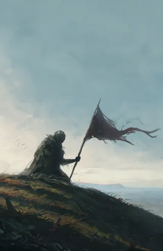 A lone figure on a grassy hill holding a tattered flag against a calm, windy sky with an eerie atmosphere.