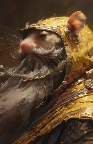 Close-up of a realistic hamster with an epic beard wearing detailed golden armor, shown from a low angle tilted side view.