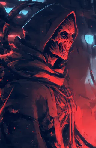 Digital painting of a red skeletal humanoid wearing a hooded cloak, set against a dark futuristic background illuminated with red and blue lights, showing a menacing grin and intricate mechanical details from a side view.