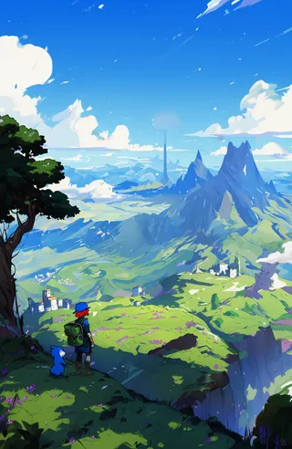 A vibrant and expansive landscape featuring a red-haired character with a blue hat and green backpack standing by a twisted tree on a grassy hill, accompanied by a small blue creature. Rolling green hills dotted with purple flowers and white buildings stretch towards jagged mountains and a tall cylindrical structure under a bright blue sky with scattered clouds.