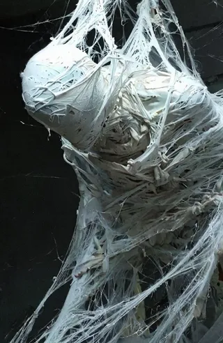 A body tightly wrapped in delicate white spider web-like fabric hanging against a dark background, showing soft lighting and textured web details.