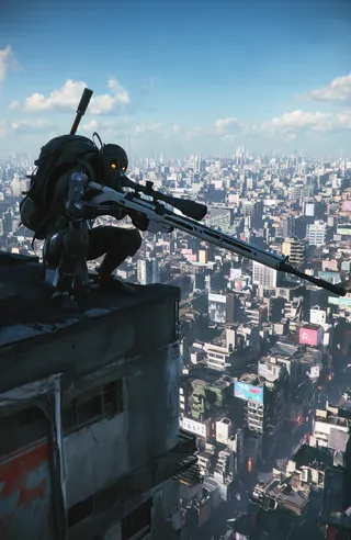 Futuristic cyberpunk city viewed from a rooftop with an armored female sniper crouching and aiming a large sniper rifle, wearing a gas mask with glowing orange eyes.