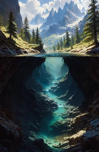 A mountainous landscape with a clear turquoise river flowing through a rocky canyon, illuminated by sunlight and featuring snow-capped peaks and pine trees.