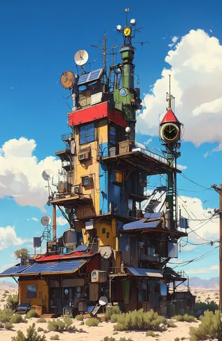 A tall steampunk-style building in a desert with colorful panels, solar panels, satellite dishes, antennas, and a clock tower against a bright blue sky with clouds.