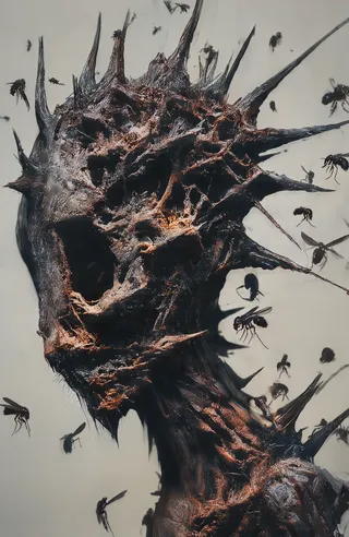 A close-up of a decaying spiky plant head with sharp metallic spikes and rust-colored bark, surrounded by numerous small dark insects flying around it against a smooth gray background.