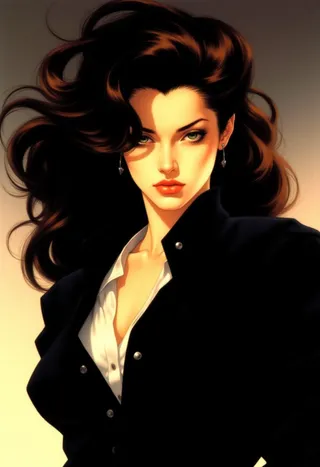 Digital painting of a young woman with wavy dark brown hair, green eyes, red lips, wearing a black jacket over a white shirt with a confident expression.