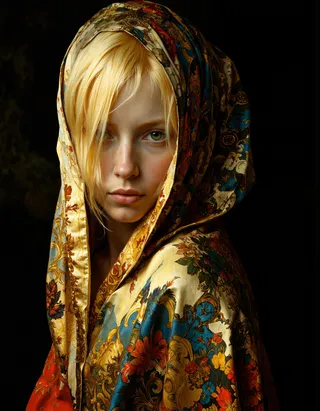 Portrait of a woman with golden hair partially hidden by an ornate rococo fabric hood, captured in dramatic chiaroscuro lighting against a dark background.