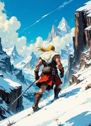 A muscular blond-haired warrior wearing a white fur cloak and red kilt ascends a snowy mountain slope, holding a spear, with towering snow-capped peaks and a vivid blue sky in the background.