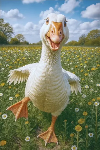 A cute realistic goose smiling directly at the camera with one foot raised, standing in a flower-filled field under a blue sky with soft clouds.