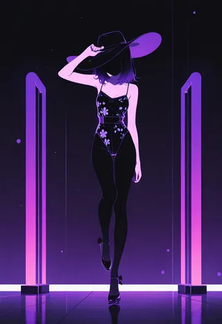 Digital illustration of a female ballerina wearing a high-leg leopard print leotard and wide brim black hat, posing elegantly indoors with dramatic purple and black lighting.