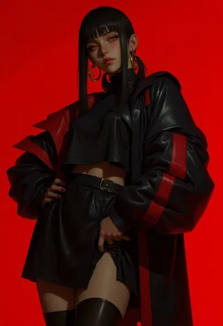 Androgynous figure with long black hair and vivid red eyes, wearing a black leather jacket with red lining, black crop top, short skirt, and thigh-high stockings against a vibrant red backdrop.