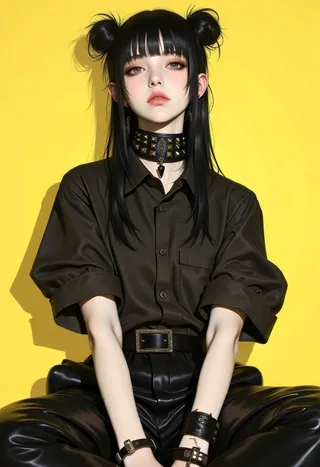A young woman with dark hair styled into two messy buns, wearing a loose black shirt, leather pants, and studded black leather choker, posed against a yellow background.