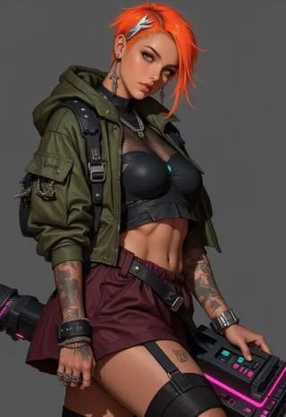 Confident punk girl with short fiery orange hair and silver lightning bolt clips, wearing an olive-green cropped hoodie, black mesh top, burgundy cargo skirt, fishnet stockings, and holding a matte black keytar with glowing magenta accents against a charcoal grey background.
