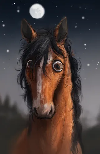 Realistic detailed horse with large googly eyes under a moonlit night sky with stars.