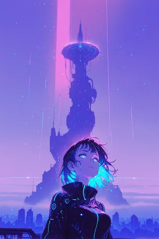 A cyberpunk girl with glowing blue hair stands against a futuristic cityscape featuring a towering sci-fi structure under neon and atmospheric lighting.