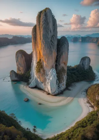 A stunning aerial view of towering limestone cliffs illuminated by sunset light, surrounded by turquoise water and sandy beaches in Krabi.