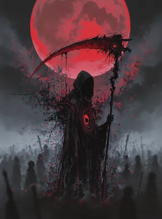 A dark hooded reaper holding a red scythe stands against a large glowing red moon with abstract clouds and a blurry crowd in the background.