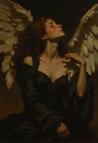 Classical oil painting of a woman with curly hair wearing a flowing black gown, her eyes closed, head tilted upward, illuminated by a soft spotlight with angel wings behind her.