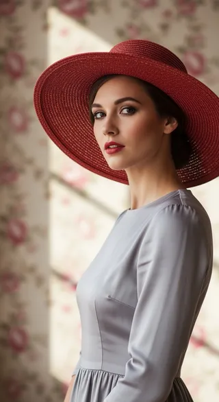 Portrait photograph of a woman wearing a red wide-brimmed straw hat and a dove-grey silk dress, set against a softly blurred antique floral wallpaper background.