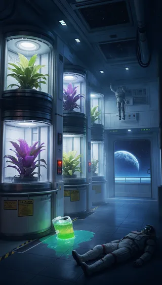 Sterile corridor inside a deep-space xenobotanical lab with alien plants glowing faintly in climate-controlled chambers, an abandoned environmental suit, and a view of a nearby planet through a bulkhead window during emergency lockdown.