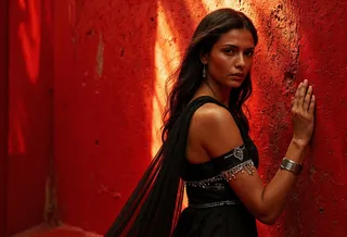 A woman in a flowing sheer black gown with silver accents leans against a textured scarlet wall, illuminated by warm chiaroscuro lighting highlighting her dark hair and metal cuff.