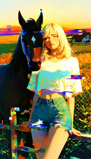 A blonde woman in a white crop top and denim hotpants standing next to a brown horse by a fence at a farm during sunset, with glitch art effects and vibrant warm colors.